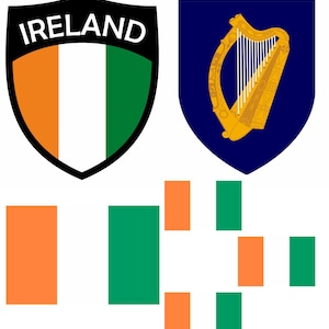 May include: A graphic featuring the Irish flag and symbols. The top left shows a shield with the word "IRELAND" and the flag's colors: orange, white, and green. The top right displays a gold harp on a blue shield. Below are flag elements.