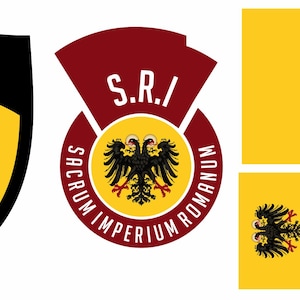 Könnte beinhalten: Eine Sammlung von Emblemen und Flaggen mit einem schwarzen Doppeladler mit roten Akzenten auf gelbem Hintergrund. Die Embleme enthalten den Text "S.R.I." und "SACRUM IMPERIUM ROMANUM". Die Flaggen sind gelb mit dem Adler.
