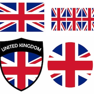 Może przedstawiać: Różne projekty flagi Zjednoczonego Królestwa. Projekty obejmują prostokątną flagę, serię flag, tarczę z napisem "UNITED KINGDOM" oraz okrągłą flagę, wszystkie w kolorach czerwonym, białym i niebieskim.