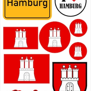 Op de afbeelding: Een verzameling stickers en afbeeldingen met het thema Hamburg. Bevat een geel bord met "Hamburg", een rode "I Hamburg" cirkel met hart, rode cirkels en vlaggen met een wit Hamburg kasteel, en een script "Hamburg" ontwerp.