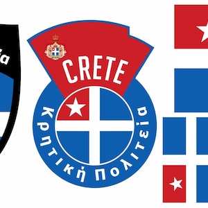 May include: Various Cretan symbols and flags. The designs incorporate a white cross on a blue field, with a red square in the top left corner featuring a white star. Some designs include the word "Crete" and Greek text.