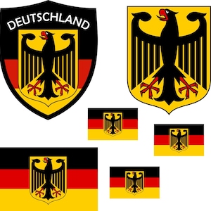 May include: Various German flag and emblem designs. Features a shield with the word "DEUTSCHLAND" and a black eagle, alongside flags and emblem variations in black, red, and yellow.