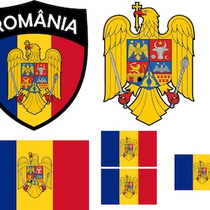 May include: A collection of images featuring the Romanian coat of arms and flag. The coat of arms includes a golden eagle holding a sword and scepter, with a shield displaying various symbols. The flag is a vertical tricolor of blue, yellow, and red.