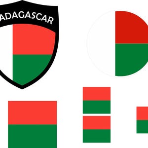 Puede incluir: Varias representaciones gráficas de la bandera de Madagascar. Incluyen un escudo con la palabra "MADAGASCAR", un círculo y varias formas rectangulares. La bandera presenta los colores blanco, rojo y verde.