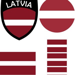 May include: A graphic featuring the flag of Latvia in various shapes. The flag is primarily maroon with a white stripe. The shapes include a shield, a circle, a rectangle, and a series of stripes. The word "LATVIA" is displayed on the shield.