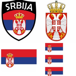 Pode incluir: Uma coleção de símbolos nacionais sérvios, incluindo o brasão com uma águia de duas cabeças, um escudo com a palavra "SRBIJA" e várias bandeiras sérvias. As cores são vermelho, azul, branco e dourado.