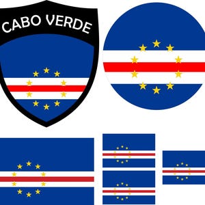Puede incluir: Varios diseños de la bandera de Cabo Verde. La imagen muestra un escudo, un círculo y banderas rectangulares. Las banderas son azules con una franja blanca y roja y un círculo de diez estrellas amarillas.