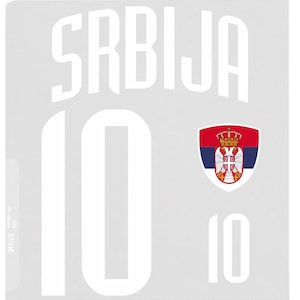 May include: A gray background with the word "SRBIJA" in white block letters at the top. Below is the number "10" in white. A Serbian coat of arms is on the right side, with the number "10" below it.