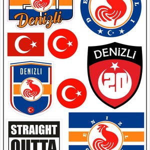 May include: A selection of Denizli-themed stickers and emblems. Designs include a red rooster, Turkish flags, and the city name. The stickers feature blue, orange, red, and white colours. Some stickers have the text "STRAIGHT OUTTA DENIZLI".