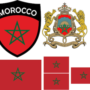 Op de afbeelding: Een verzameling Marokkaanse nationale symbolen. Bevat de Marokkaanse vlag, een rode rechthoek met een groene ster, en het Marokkaanse wapen. Bevat ook een schild met het woord "MOROCCO" en een groene ster.