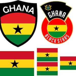 May include: A collection of Ghana-themed graphics. Includes a shield with "GHANA" in white, a circular emblem with "GHANA BLACK STARS", and multiple flag designs. The designs feature red, yellow, green, and a black star.