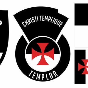 May include: A collection of emblems and flags featuring a red cross design on a black and white background. The emblems include the word "TEMPLER" and "CHRISTI TEMPLIQUE". The flags have a striped pattern.