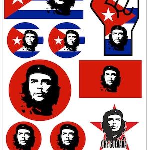 以下が含まれることがあります： チェ・ゲバラをテーマにしたステッカーとデカールのコレクション。デザインには、キューバの国旗、肖像画、さまざまな形式の「CHE GUEVARA」のテキストが含まれています。カラーパレットは主に赤、白、青、黒です。