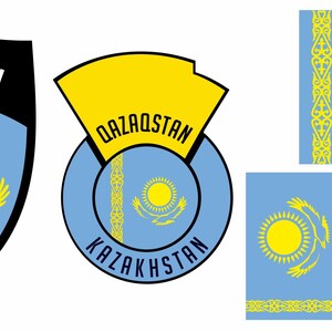 May include: Various designs showcasing the flag of Kazakhstan. These include a shield, a circular emblem, and rectangular flags. Each design features a yellow sun with an eagle in flight on a light blue backdrop, complemented by yellow ornamental patterns.