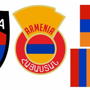 May include: A collection of Armenian flag designs. The designs include a shield with the word "ARMENIA", a circular emblem, a rectangular flag, and a striped pattern, all featuring red, blue, and orange horizontal stripes.