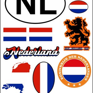 May include: A collection of Dutch-themed stickers and decals. Includes the letters "NL" in a black oval, Dutch flag designs, the word "Nederland" in a script font, and a lion emblem. Colors are red, white, blue, and orange.