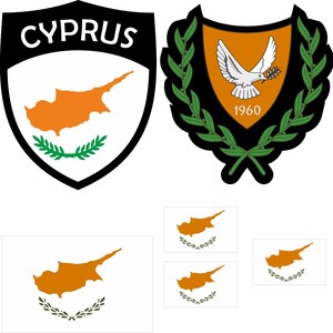 May include: Image features several emblems and flags of Cyprus. The emblems include a shield with the word "CYPRUS" and a map of Cyprus. The flags show the map of Cyprus with olive branches.