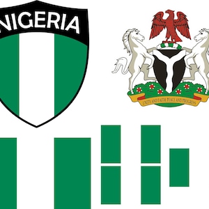 May include: An image featuring the Nigerian flag and coat of arms. The flag is green and white, and the coat of arms includes a red eagle, two white horses, and a shield with a white 'Y' shape. The word 'NIGERIA' is displayed.