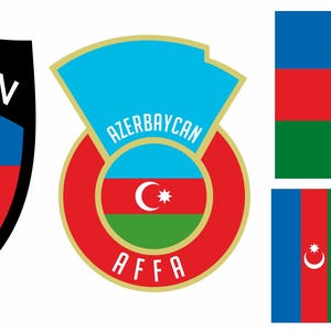 May include: Image features the flag of Azerbaijan and two emblems. The flag has horizontal stripes of blue, red, and green, with a white crescent moon and eight-pointed star in the center. The emblems include the flag design and the word "Azerbaijan".