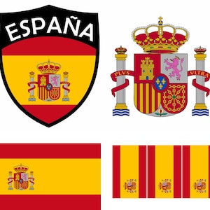 May include: A collection of images featuring the flag and coat of arms of Spain. The flag is red and yellow, with the coat of arms including a crown, shield, and various emblems. One image displays the word "ESPAÑA".