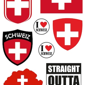 May include: A collection of Swiss-themed graphics, including the Swiss flag, shield emblems, and a map outline, all in red and white. Text includes "I ❤️ SCHWEIZ" and "STRAIGHT OUTTA SCHWEIZ".