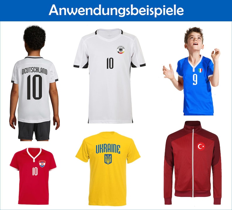 K&ouml;nnte beinhalten: Eine Auswahl an Fu&szlig;balltrikots und eine Trainingsjacke. Die Trikots zeigen die Flaggen von Deutschland, Italien, Kroatien und der Ukraine mit den Nummern 10 oder 9. Die Trainingsjacke ist bordeauxfarben mit t&uuml;rkischer Flagge.