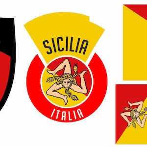 May include: Various Sicilian flag and emblem designs. The shield-shaped emblem and circular design feature the word "SICILIA" and a triskeles symbol. Flags with the triskeles symbol are also shown. The colors are red, yellow, and black.
