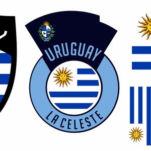 Pode incluir: Três designs com a bandeira do Uruguai. A bandeira inclui um sol amarelo e listras azuis e brancas. Um design é um escudo com a palavra "URUGUAY". Outro é um design circular com as palavras "URUGUAY" e "LA CELESTE".