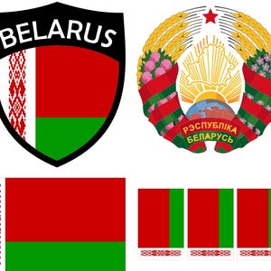 May include: A collection of Belarusian national symbols. Includes a shield-shaped emblem with the word "Belarus", the national flag, and the coat of arms. The flag features red and green horizontal stripes with a white and red patterned vertical stripe.