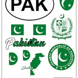 May include: A collection of green and white Pakistan-themed graphics. Includes the word "PAK" in a black oval, the word "Pakistan" in a script font, and various crescent moon and star symbols.