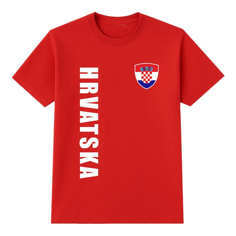 May include: A red t-shirt with the word "HRVATSKA" printed vertically in white on the left side. A Croatian coat of arms is on the right chest area.