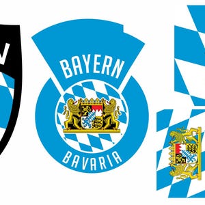 May include: A collection of logos and patterns featuring the word "BAYERN" in white, set against a black, blue, and white background. The logos include a shield, a circular design, and a repeating pattern, all incorporating a coat of arms.