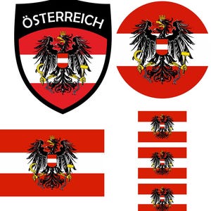 Könnte beinhalten: Eine Sammlung österreichischer Flaggen-Designs. Die Designs umfassen ein Schild mit dem Wort „ÖSTERREICH“, ein rundes Emblem sowie mehrere rechteckige und horizontale Flaggenvarianten. Jedes Design zeigt das österreichische Wappen.