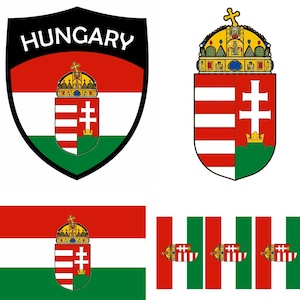 May include: A collection of Hungarian flag and coat of arms designs. The designs include a shield with the word "HUNGARY", a shield with a crown, and a horizontal flag. The colors are red, white, and green, with gold accents.