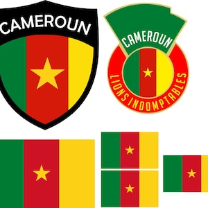 May include: A collection of Cameroon-themed graphics. Includes a shield with the word "CAMEROUN", a circular emblem with "LIONS INDOMPTABLES", and several flag designs. The colors are green, red, yellow, and black.