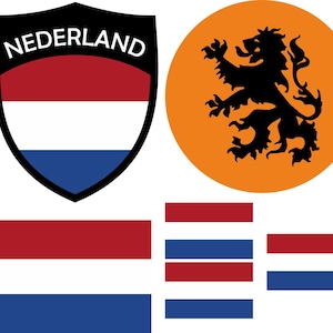 May include: A collection of Dutch-themed graphics. Includes a shield with the word "NEDERLAND" and the Dutch flag colors: red, white, and blue. Also features a lion emblem on an orange circle and several Dutch flag designs.