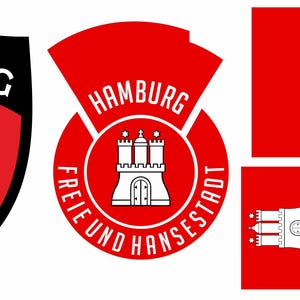May include: A selection of logos and flags displaying the Hamburg coat of arms. The design features a white castle with three towers on a red background, with the word "Hamburg" in white.