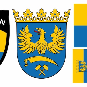 May include: A collection of images featuring the coat of arms and flag of Oberschlesien. The coat of arms is a shield with a yellow eagle, crown, and mining tools on a blue background. The flag is yellow and blue.