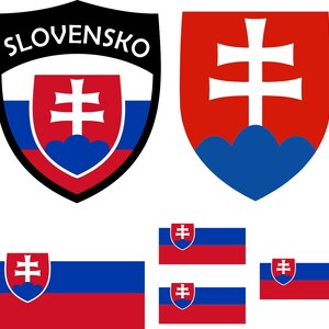 Pode incluir: Uma coleção de símbolos nacionais eslovacos. A imagem inclui um escudo com a palavra "SLOVENSKO" e um brasão de armas, juntamente com várias bandeiras eslovacas. As cores primárias são vermelho, branco e azul.