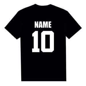 May include: Black t-shirt with white block lettering. The word "NAME" is above the number "10". The shirt is a solid black color, with the text and number in a bold, white font. This shirt is perfect for sports teams or personalized gifts.