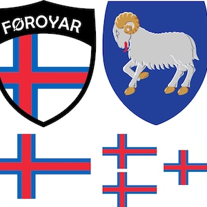 May include: A collection of Faroese symbols and flags. Includes a shield with the word "FØROYAR" and a cross design, a blue shield with a ram, and several cross flag designs in red, blue, and white.