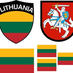 May include: A collection of Lithuanian symbols. Includes a shield with the word "LITHUANIA" and the Lithuanian flag colors: yellow, green, and red. Also features the coat of arms and several flag designs.