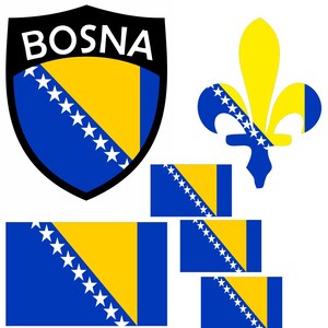 Könnte beinhalten: Eine Sammlung von Designs der bosnischen Flagge in verschiedenen Formen. Enthält ein Schild mit dem Wort "BOSNA", eine Lilie und mehrere rechteckige Flaggen. Die Designs verwenden Blau, Gelb und Weiß.