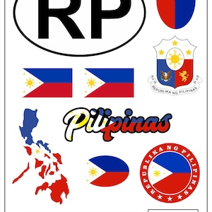 Może przedstawiać: Zbiór naklejek i kalkomanii z flagą i symbolami Filipin. Zawiera tekst "RP" w czarnym owalu, słowo "Pilipinas" oraz filipiński herb.