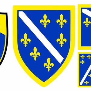 May include: A collection of Bosnian flag designs. The designs include a shield with the word "BOSNA" in white, a blue shield with yellow fleur-de-lis and a white diagonal stripe, and rectangular flags with the same design.
