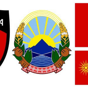 May include: A collection of Macedonian national symbols. Includes a shield with the word "MAKEDONIIA" and a sunburst design, the national coat of arms, and the flag with a yellow sunburst on a red background.