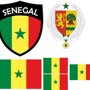 May include: A collection of images featuring the flag and coat of arms of Senegal. The flag is green, yellow, and red with a green star. One image shows the word "SENEGAL" above the flag design.
