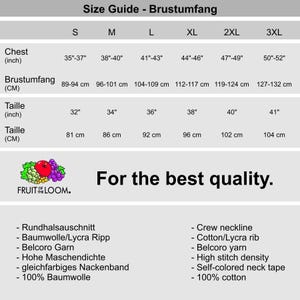 Pu&ograve; includere: Guida alle taglie di abbigliamento con misure di petto e vita in pollici e centimetri. Include taglie dalla S alla 3XL, con misure di petto da 89-94 cm a 127-132 cm. &Egrave; presente il logo Fruit of the Loom.