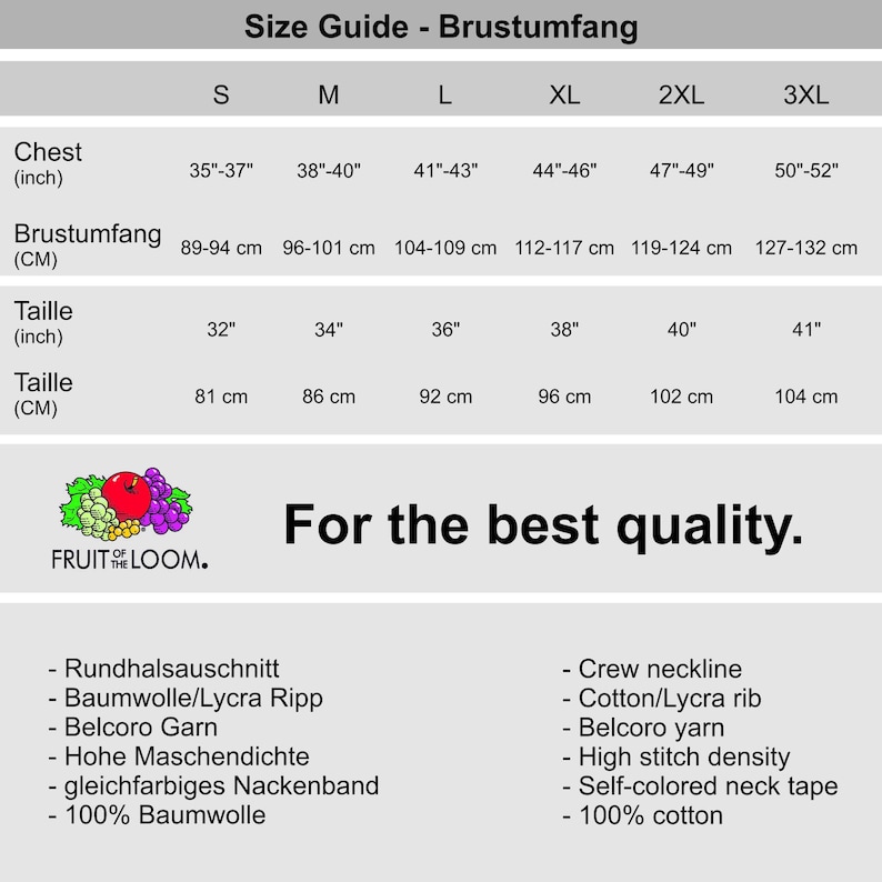 Pu&ograve; includere: Guida alle taglie di abbigliamento con misure di petto e vita in pollici e centimetri. Include taglie dalla S alla 3XL, con misure di petto da 89-94 cm a 127-132 cm. &Egrave; presente il logo Fruit of the Loom.