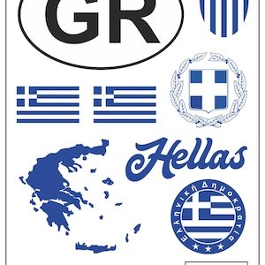 May include: A collection of Greek-themed stickers and graphics. Includes the letters "GR" in an oval, Greek flags, a map of Greece, the word "Hellas", and a circular emblem with Greek text.